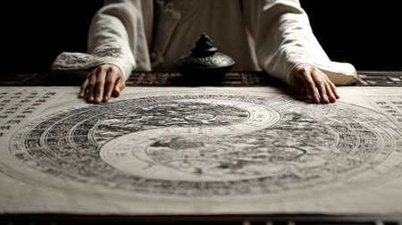 A serene scene depicting hands of a practitioner engaging with an ancient feng shui diagram showcasing intricate yin-yang symbolism in a tranquil ambiance.の素材