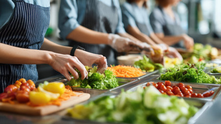 A vibrant kitchen scene depicting chefs preparing fresh vegetables for salads and meals. The focus is on hands working skillfully with ingredients, emphasizing a healthy dining experience.の素材
