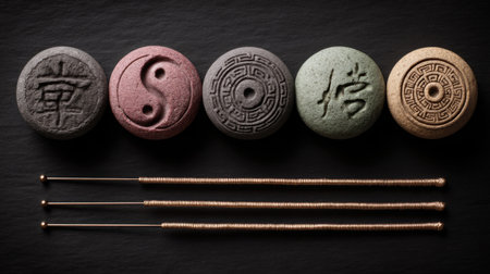 A serene arrangement featuring stone symbols used in meditation practices. The stones represent balance and tranquility, set against a dark slate background.の素材