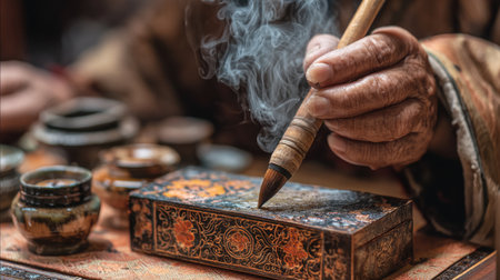 This close-up image captures a hand holding a brush over an ornate box, with gentle smoke rising in a warm, traditional craft setting.の素材