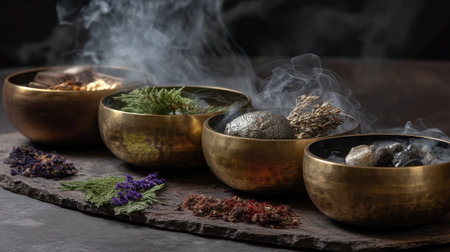 Four polished bowls filled with various natural ingredients produce aromatic smoke, creating a soothing atmosphere ideal for relaxation and meditation.の素材