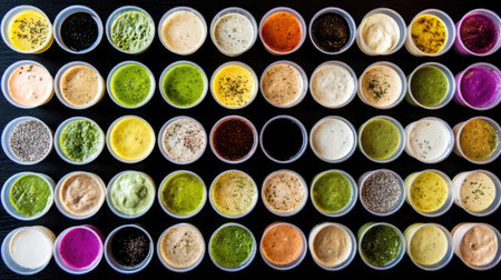 This vibrant display showcases a stunning array of sauces and dips in small containers, perfect for enhancing any culinary creation or gathering.の素材