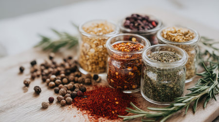 Vibrant assortment of spices and herbs in clear glass jars arranged on a wooden surface, accented by fresh rosemary sprigs, enhancing culinary creativity.の素材