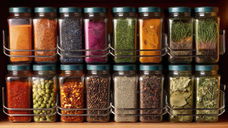 This image showcases a vibrant collection of spices and herbs neatly arranged in glass jars on a wooden shelf, perfect for culinary enthusiasts and home chefs.の素材