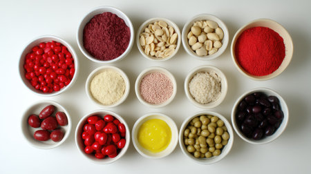 A stunning flat lay of colorful ingredients arranged in bowls, showcasing a variety of textures and colors ideal for culinary creativity and inspiration.の素材