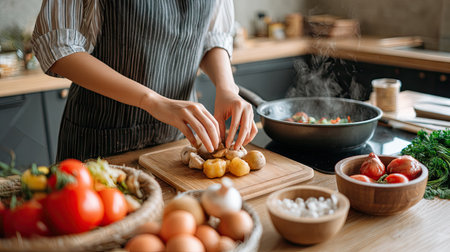A close-up view of a person's hands skillfully preparing fresh ingredients in a modern kitchen. A variety of vegetables, herbs, and eggs are artfully arranged, emphasizing a healthy home cooking environment.の素材