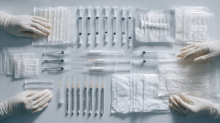 This image showcases an organized arrangement of medical supplies, including syringes, needles, and sterile packaging, designed for healthcare use.の素材