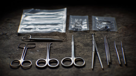 A carefully arranged set of surgical instruments displayed on a dark surface, emphasizing the precision and quality crucial for effective medical procedures.の素材