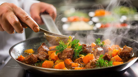 A skilled chef expertly prepares a flavorful beef stew with vibrant vegetables and fresh herbs. The steaming dish showcases culinary artistry, inviting warmth.の素材