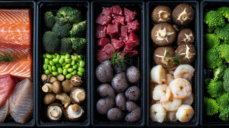 An enticing display of fresh ingredients ideal for meal preparation, featuring salmon, shrimp, assorted vegetables, and vibrant mushrooms ready for cooking.の素材