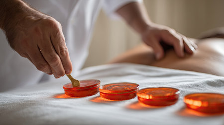 A skilled therapist applies cupping therapy on the back of a client in a serene spa setting, showcasing relaxation techniques for wellness and comfort.の素材