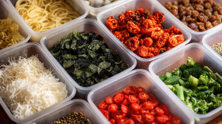 A vibrant assortment of fresh ingredients displayed in clear containers, perfect for inspiring culinary creations and healthy meals. ??? ??? ???? ??? ?? ??? ?????.の素材