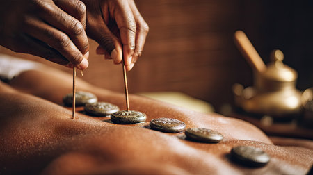 A tranquil scene featuring hands expertly placing massage stones on a person's back, promoting relaxation and healing in a soothing spa environment.の素材