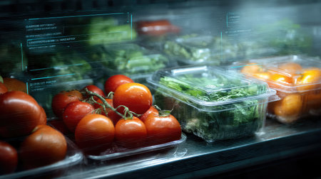 A vibrant assortment of fresh vegetables and fruits is showcased in a modern refrigerator with transparent packaging, emphasizing health and sustainability.の素材