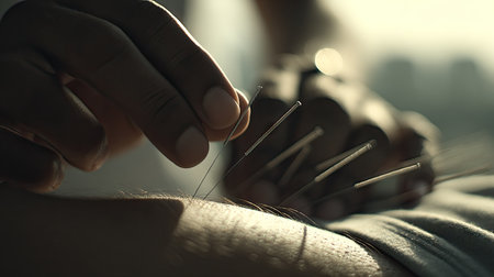 A serene depiction of a hand delicately inserting a thin acupuncture needle into skin, capturing the calming essence of alternative healing techniques in soft natural light.の素材