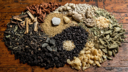 This captivating image showcases a harmonious arrangement of various herbs and spices, creatively displayed in a yin-yang pattern on a wooden surface, symbolizing balance.の素材