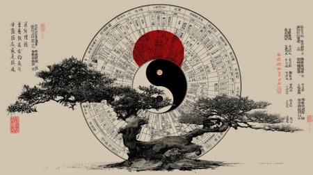 This striking artwork features a tranquil tree intertwined with yin yang symbolism, representing balance and harmony in nature and philosophy.の素材