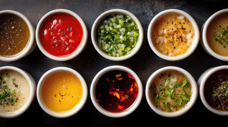 A captivating array of colorful sauces and dips in small bowls showcases diverse textures and flavors, perfect for culinary enthusiasts and food photography.の素材