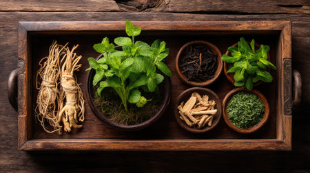 A beautifully arranged wooden tray features fresh herbs and roots, showcasing the natural beauty of culinary ingredients, perfect for kitchen ambience.の素材