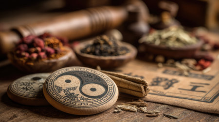 Close-up of vintage wooden discs featuring a yin yang design, surrounded by various herbal ingredients and ancient scrolls on a rustic wooden table.の素材