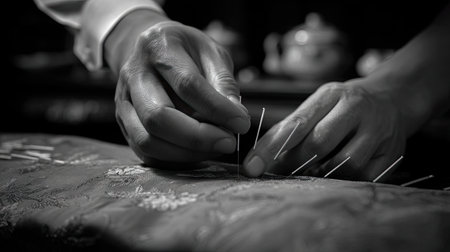 This black and white image captures the delicate hands of a tailor working on intricate needlework. The attention to detail highlights the artistry involved in the craft of sewing, showcasing the tools and materials used.の素材