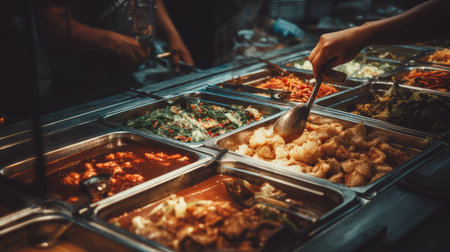 A busy Asian street food market showcase featuring an array of vibrant dishes in metal trays, enticing customers with rich flavors and culinary delights.の素材