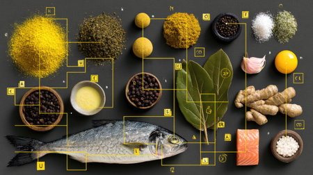 A stunning arrangement featuring fresh fish alongside a variety of vibrant spices and herbs, perfect for showcasing culinary creativity and meal inspiration.の素材