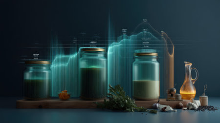 A stunning display of glass jars filled with healthy ingredients, showcasing a data visualization of nutritional trends, ideal for wellness and culinary themes.の素材