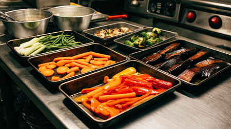A vibrant display of freshly prepared vegetables and fish in metal trays showcases an energetic kitchen environment perfect for culinary creativity.の素材