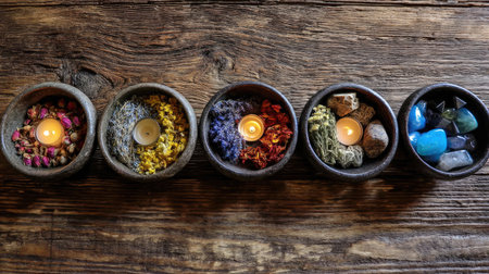 A serene display of colorful bowls filled with natural elements and candles, set on a rustic wooden table. Perfect for wellness and relaxation themes.の素材