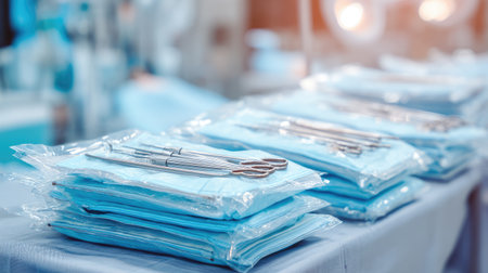 A detailed view of neatly arranged medical instruments on a surgical table, highlighting a sterile environment essential for safe and efficient surgical procedures.の素材
