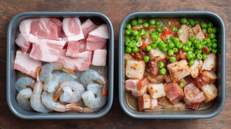 Fresh raw shrimp and pork cubes are arranged in containers, ready for cooking. Vibrant green peas enhance the colorful display, perfect for meal prep.の素材