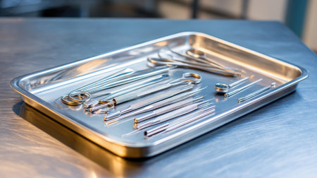 A collection of professional surgical instruments displayed on a stainless steel tray, emphasizing hygiene and readiness for use in healthcare procedures.の素材