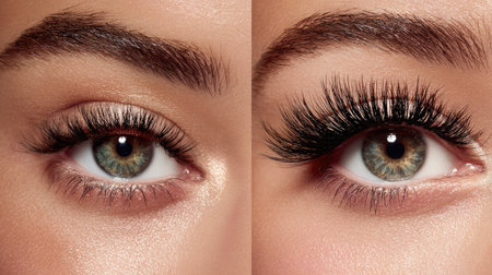 A striking close-up image showcasing a woman's eyes with both natural and dramatic eyelash styles. This photo highlights makeup artistry and beauty trends.の素材