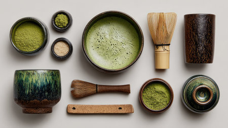 A serene arrangement of artisanal matcha tools and ingredients showcases the beauty of traditional green tea preparation, highlighting texture and tranquility.の素材