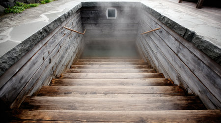 This image captures a serene descent down wooden steps into a misty hot spring pool, framed by rustic stone edges, embodying relaxation and nature's beauty.の素材