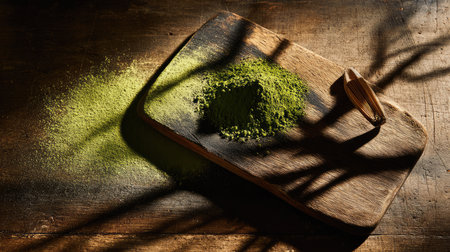 Discover the beauty of matcha with vibrant green powder and a bamboo whisk displayed on a rustic wooden surface, highlighting the essence of tea culture.の素材