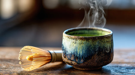 A steaming cup of matcha tea sits beside a traditional whisk on a rustic wooden table, inviting moments of relaxation and mindfulness in a cozy atmosphere.の素材