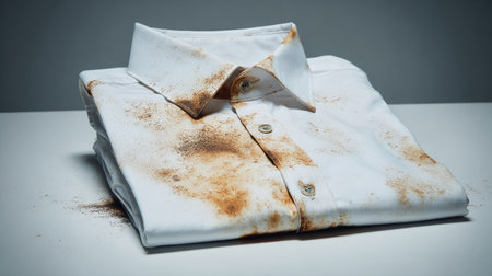 A close-up view of a neatly folded white shirt covered in dirt and dust. The shirt is placed on a gray table, highlighting imperfections in fabric.の素材
