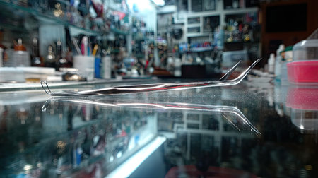 A close-up image of a sleek metal tool positioned on a reflective surface in an inviting bar or restaurant ambiance, showcasing craftsmanship and detail.の素材