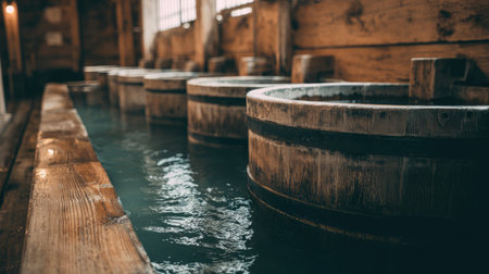 A serene spa setting featuring rustic wooden bath tubs filled with steaming water, creating a perfect atmosphere for relaxation and wellness experiences.の素材