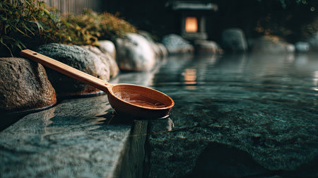 A serene image of a Japanese hot spring featuring a wooden dipper resting beside smooth rocks. The calm water reflects the tranquil surroundings, creating a peaceful ambiance perfect for relaxation and wellness.の素材
