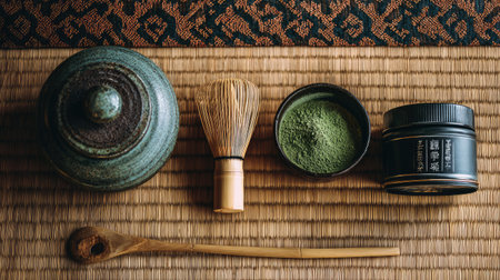 A serene composition showcasing traditional Japanese tea ceremony utensils, including a whisk, bowl, and matcha powder on a textured mat, embodying tranquility.の素材