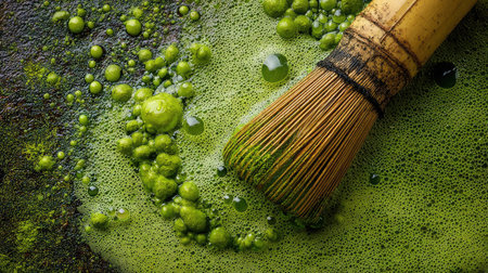 An artistic close-up of a traditional matcha green tea preparation, showcasing the vibrant foam created by whisking, representing a healthy lifestyle.の素材