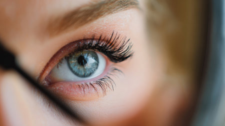 Close-up image captures the intricate details of a stunning eye with long eyelashes while applying makeup in a mirror, highlighting beauty and self-care.の素材