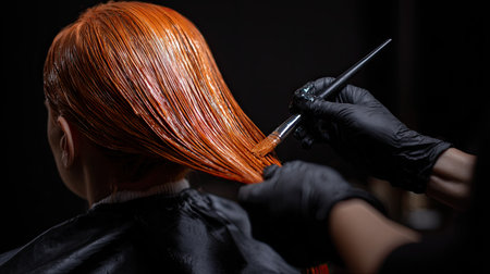 A skilled stylist applies vibrant orange hair dye in a modern salon setting, showcasing a close-up of the expert technique and professional atmosphere.の素材