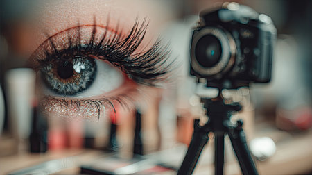 This captivating image features a close-up of a mesmerizing eye with dramatic eyelashes, paired with a camera on a make-up table. The blend of beauty and photography elements highlights creative artistry in a vibrant setting.の素材