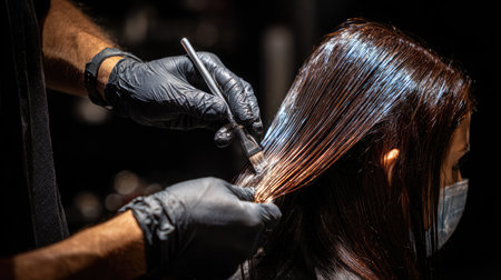 A close-up shot of a stylist applying hair color with a brush in a modern salon setting. The client wears a mask while receiving professional hair care treatment.の素材