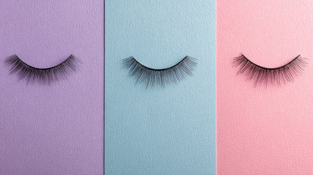 Discover an exquisite display of false eyelashes arranged on vibrant purple, blue, and pink backgrounds, perfect for beauty and fashion projects.の素材