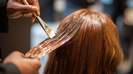 A skilled hairstylist carefully applies a hair color treatment, enhancing the shine and beauty of long brown hair in a stylish salon environment.の素材